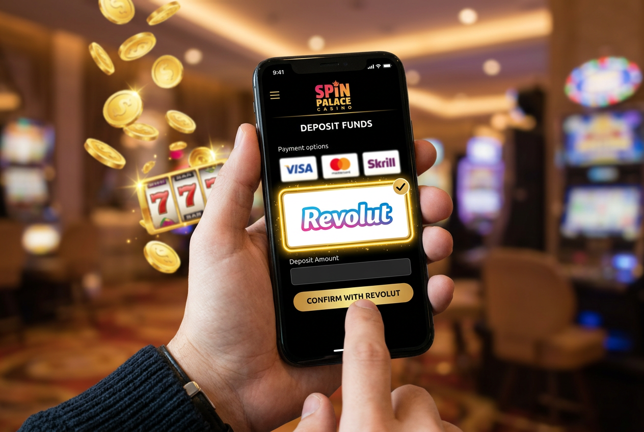 Interfejs mobilny kasyna z logotypem Revolut